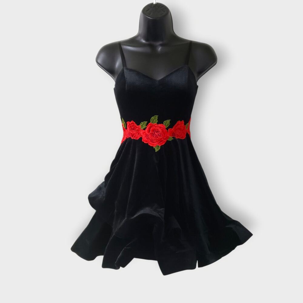 Gothic Black Velvet Red Rose Structured Mini Dress Sz 0 Y2K Dark Romance Prom